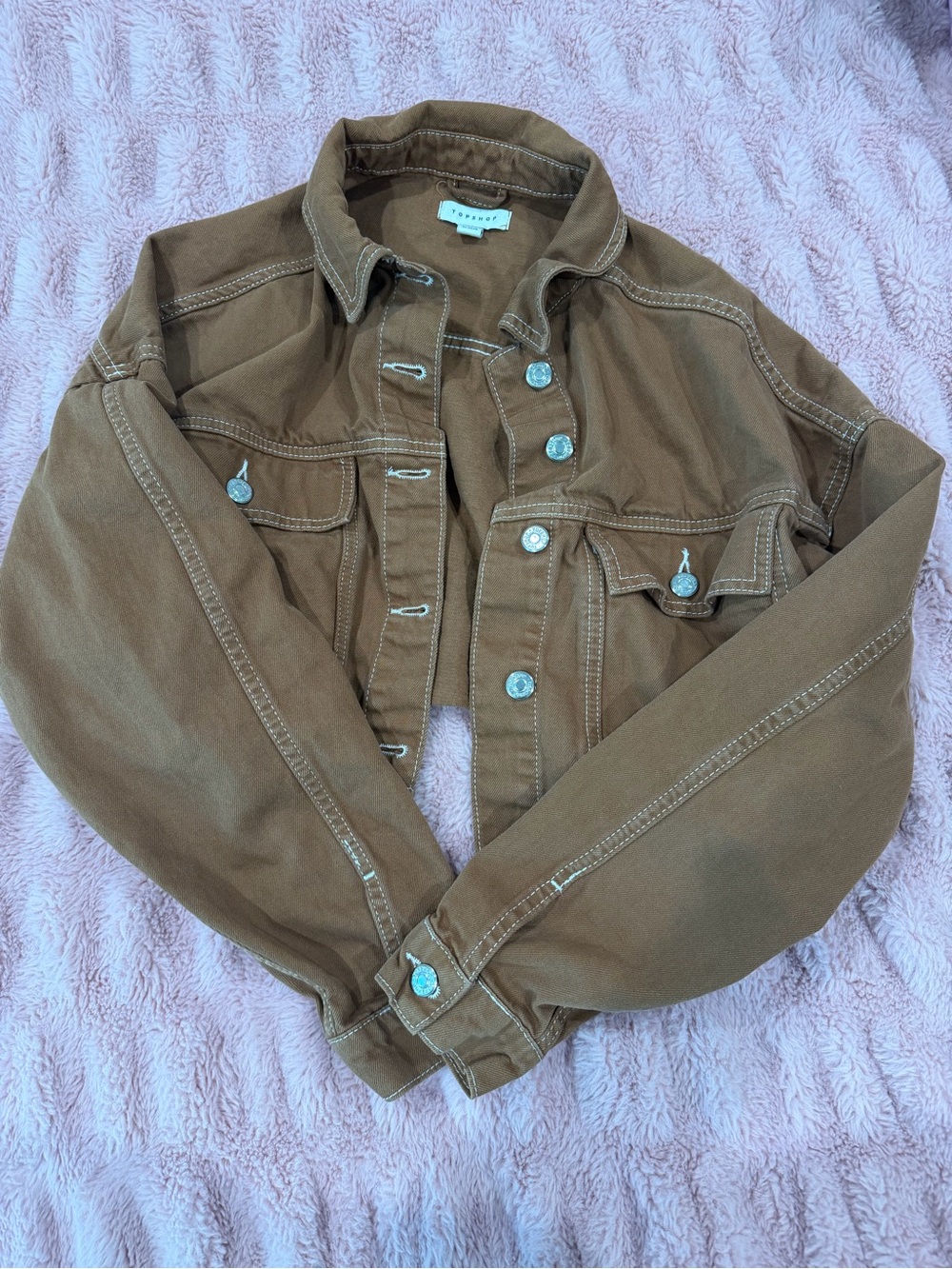 Topshop Cropped Brown Denim Jacket - Picture 2 of 8